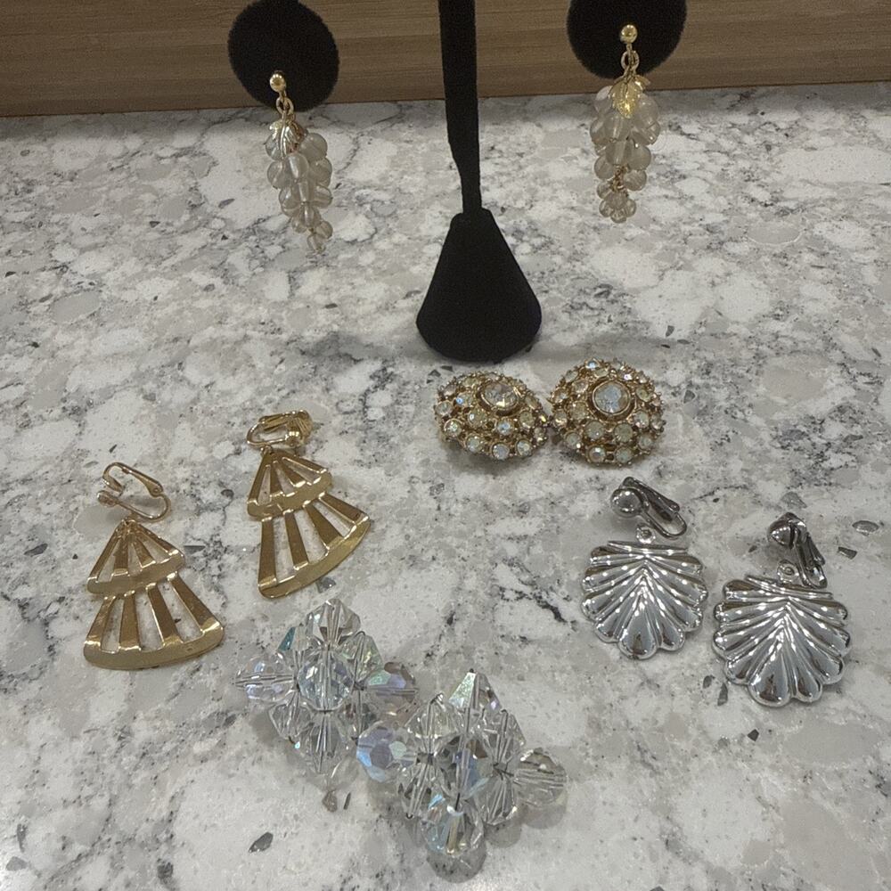 5 - VTG Clip On Earrings Set AB Crystal Rhinestone Dangle Shell Gold Silver Tone